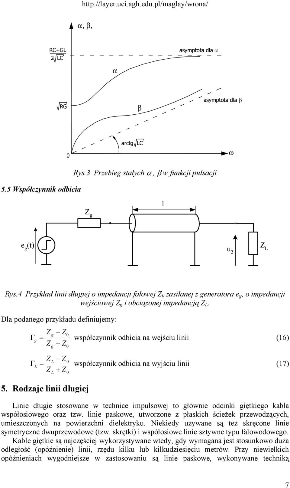 Dla podaneo przykładu definiujemy: Z Z Γ współczynnik odbicia na wejściu linii (6) Z + Z Z Z L Γ L współczynnik odbicia na wyjściu linii (7) Z L + Z 5.