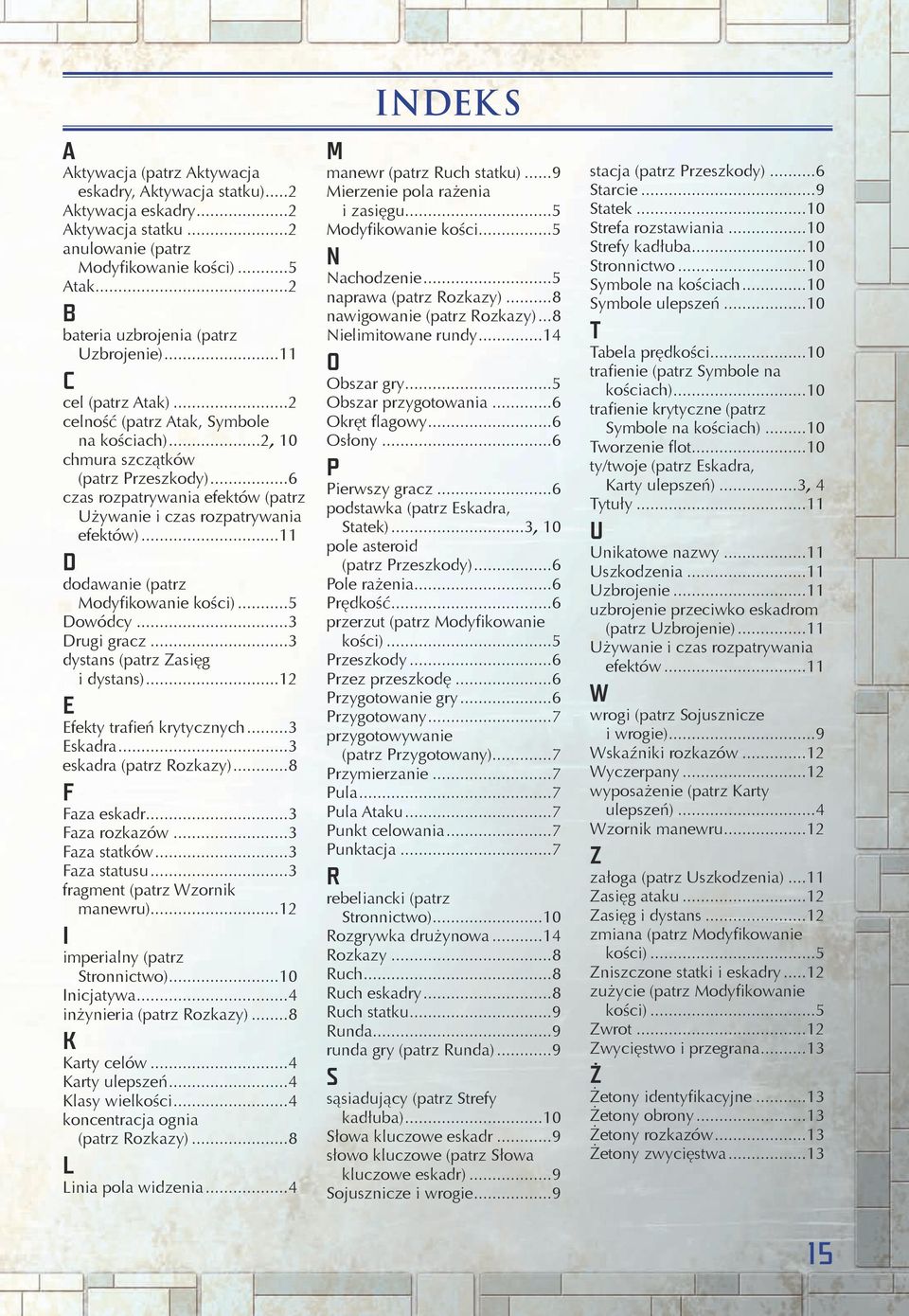 ..11 D dodawanie (patrz Modyfikowanie kości)...5 Dowódcy...3 Drugi gracz...3 dystans (patrz Zasięg i dystans)...12 E Efekty trafień krytycznych...3 Eskadra...3 eskadra (patrz Rozkazy)...8 F Faza eskadr.