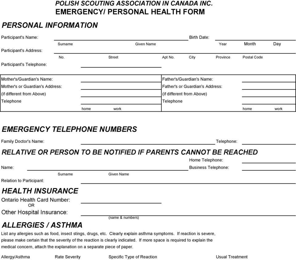 City Province Postal Code Mother's/Guardian's Name: Mother's or Guardian's Address: (if different from Above) Telephone Father's/Guardian's Name: Father's or Guardian's Address: (if different from