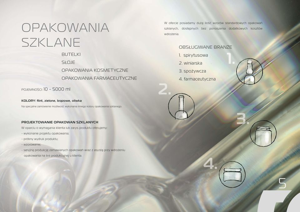 farmaceutyczna POJEMNOŚCI: 10-5000 ml KOLORY: flint, zielone, brązowe, oliwka Na specjalne zamówienie możliwość wykonania innego koloru opakowania szklanego.