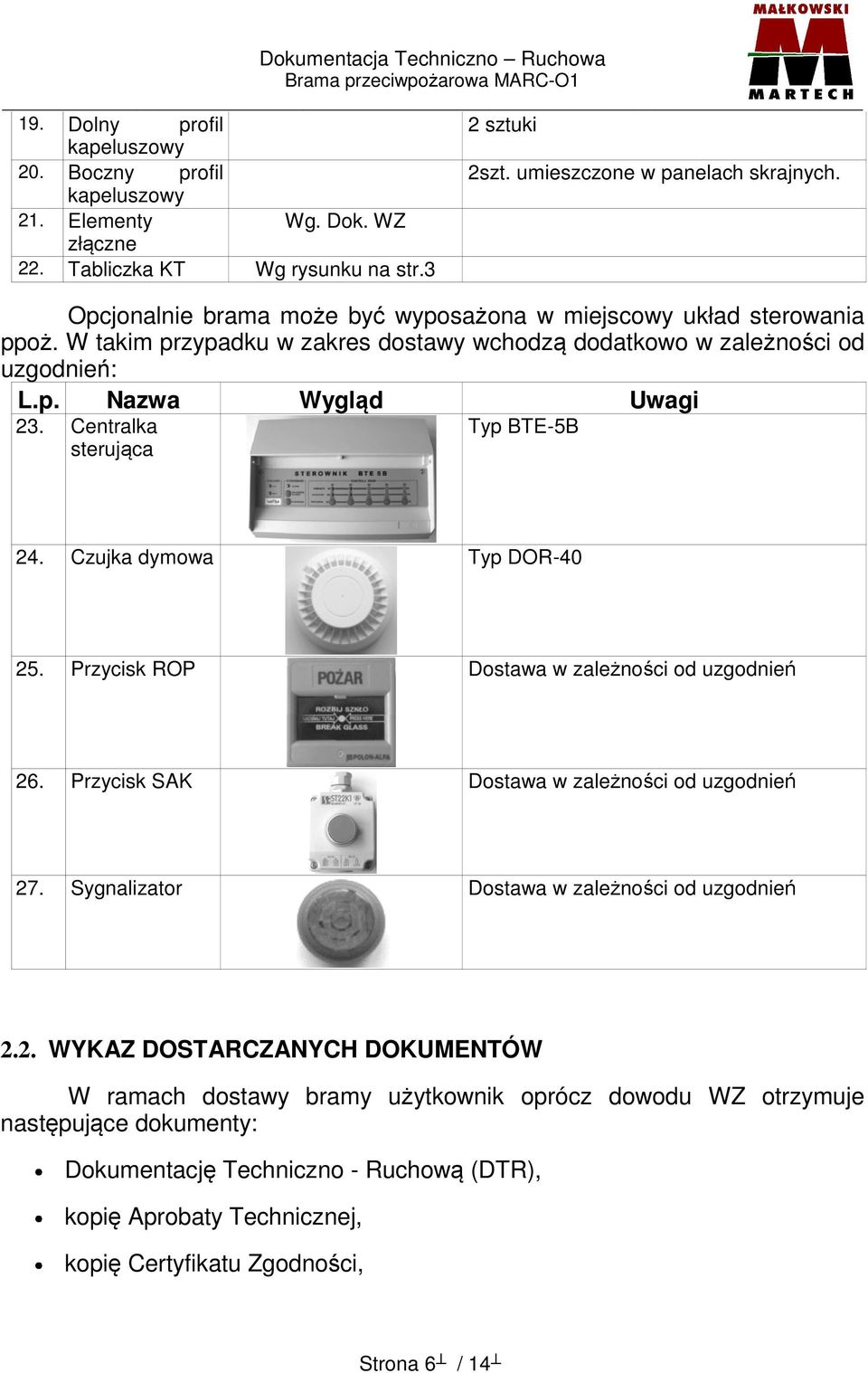 Centralka sterująca Typ BTE-5B 24. Czujka dymowa Typ DOR-40 25. Przycisk ROP Dostawa w zależności od uzgodnień 26. Przycisk SAK Dostawa w zależności od uzgodnień 27.