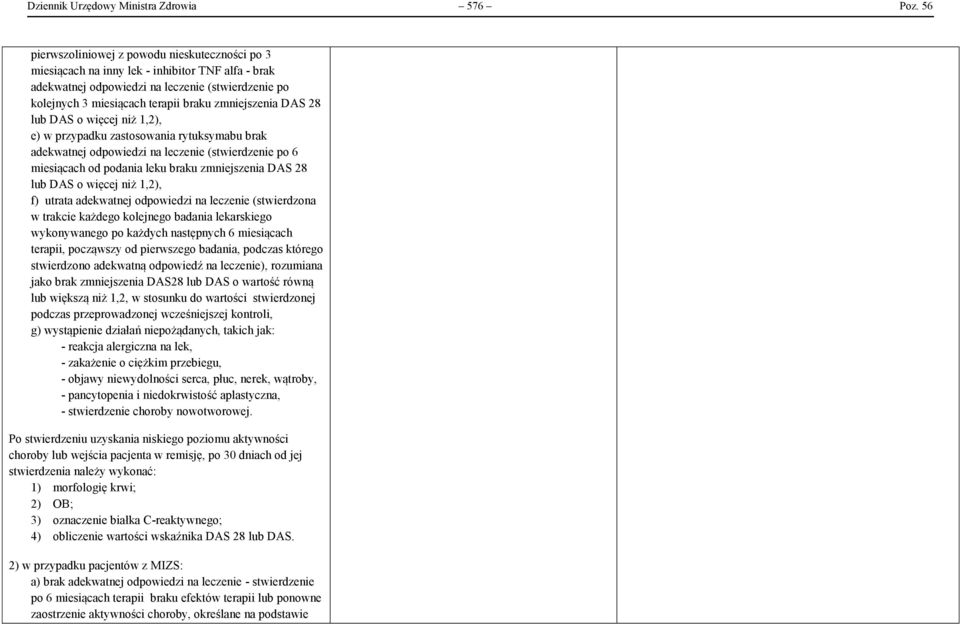 zmniejszenia DAS 28 lub DAS o więcej niż 1,2), e) w przypadku zastosowania rytuksymabu brak adekwatnej odpowiedzi na leczenie (stwierdzenie po 6 miesiącach od podania leku braku zmniejszenia DAS 28