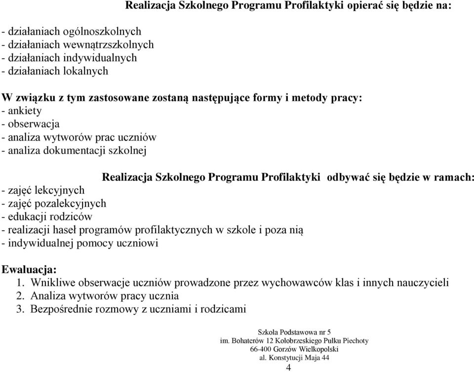 Profilaktyki odbywać się będzie w ramach: - zajęć lekcyjnych - zajęć pozalekcyjnych - edukacji rodziców - realizacji haseł programów profilaktycznych w szkole i poza nią - indywidualnej