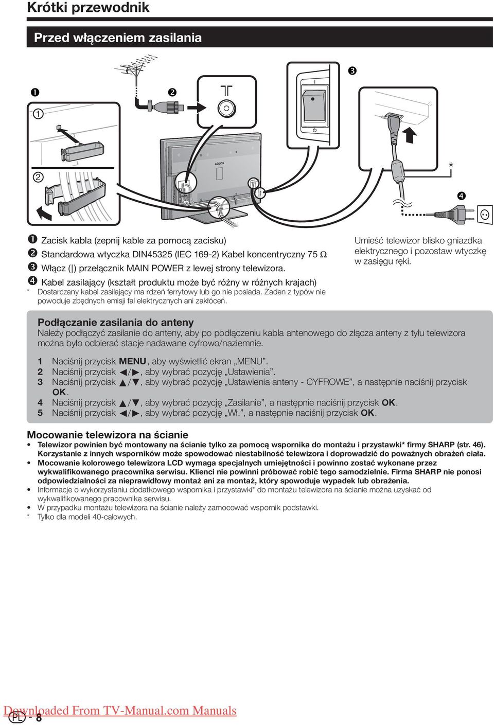 Żaden z typów nie powoduje zbędnych emisji fal elektrycznych ani zakłóceń. Umieść telewizor blisko gniazdka elektrycznego i pozostaw wtyczkę w zasięgu ręki.