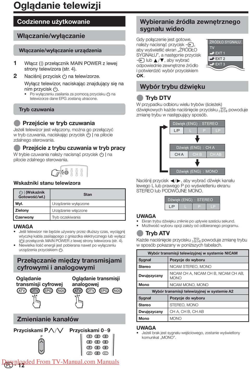 Tryb czuwania E Przejście w tryb czuwania Jeżeli telewizor jest włączony, można go przełączyć w tryb czuwania, naciskając przycisk B na pilocie zdalnego sterowania.