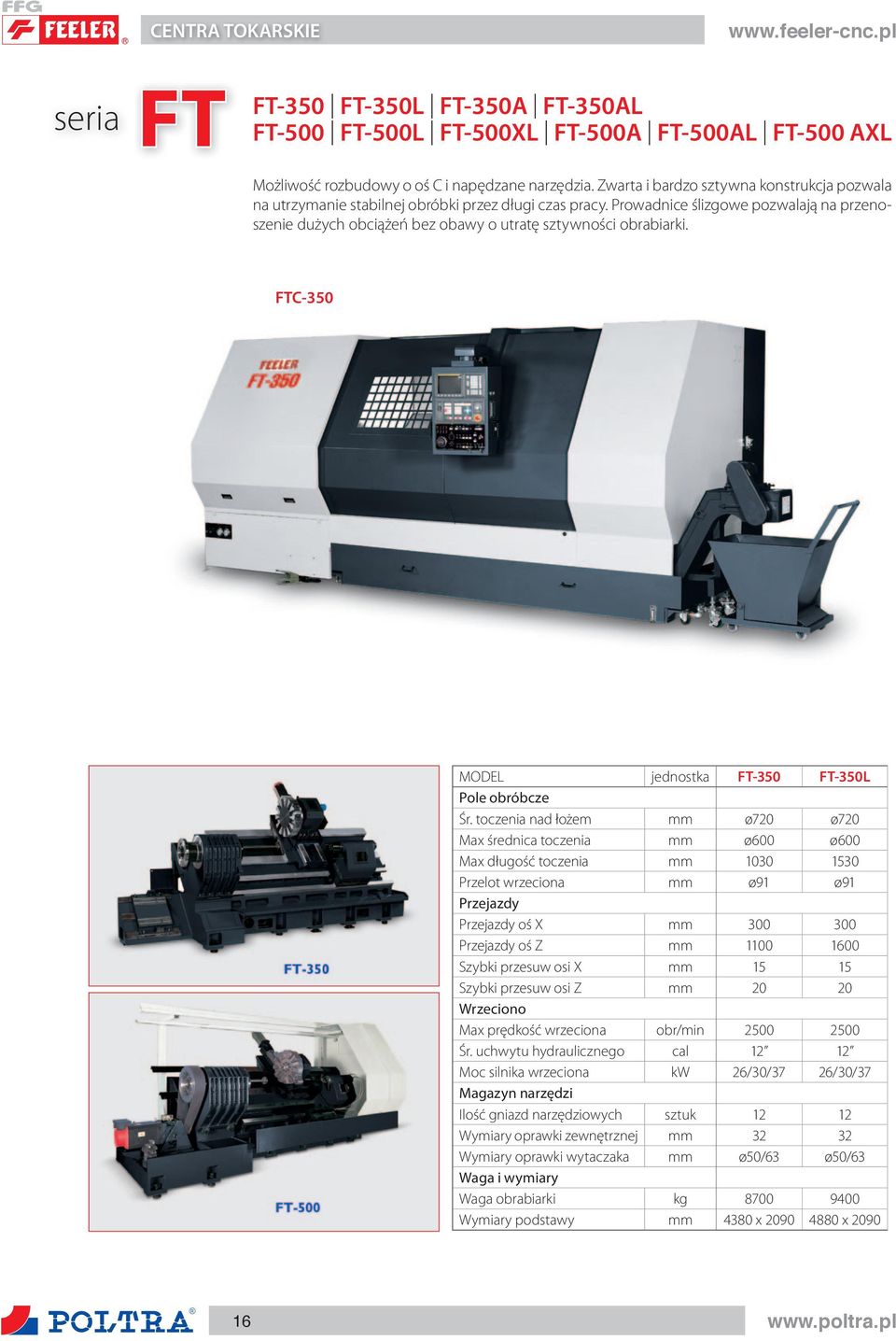 Prowadnice ślizgowe pozwalają na przenoszenie dużych obciążeń bez obawy o utratę sztywności obrabiarki. FTC-350 MODEL jednostka FT-350 FT-350L Pole obróbcze Śr.