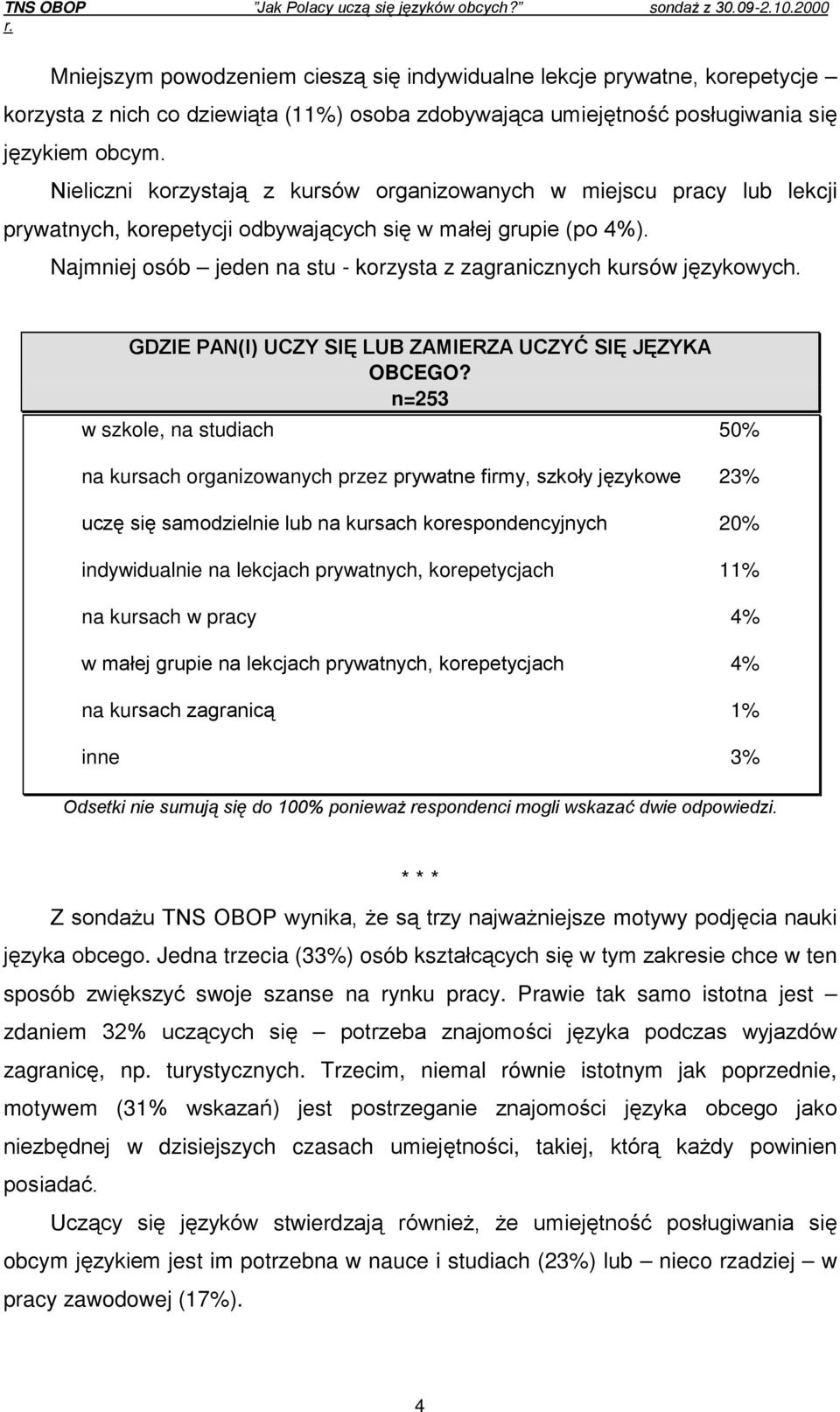 Najmniej osób jeden na stu - korzysta z zagranicznych kursów językowych. GDZIE PAN(I) UCZY SIĘ LUB ZAMIERZA UCZYĆ SIĘ JĘZYKA OBCEGO?