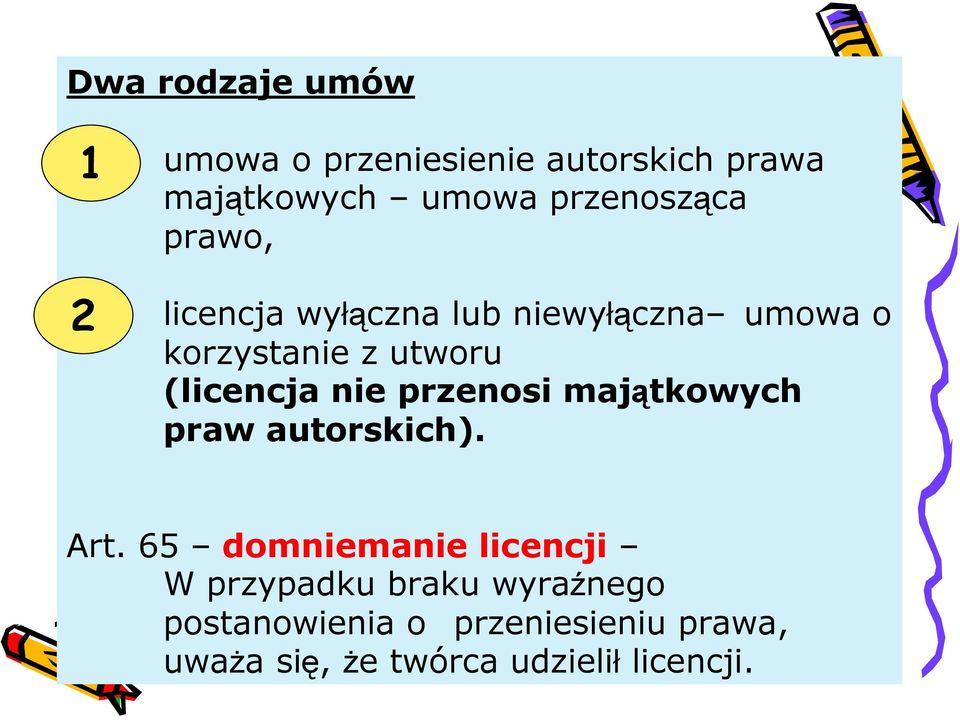 (licencja nie przenosi majątkowych praw autorskich). Art.