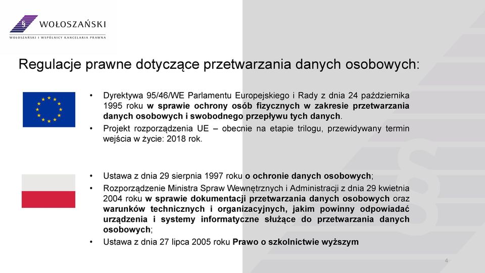 Ustawa z dnia 29 sierpnia 1997 roku o ochronie danych osobowych; Rozporządzenie Ministra Spraw Wewnętrznych i Administracji z dnia 29 kwietnia 2004 roku w sprawie dokumentacji przetwarzania