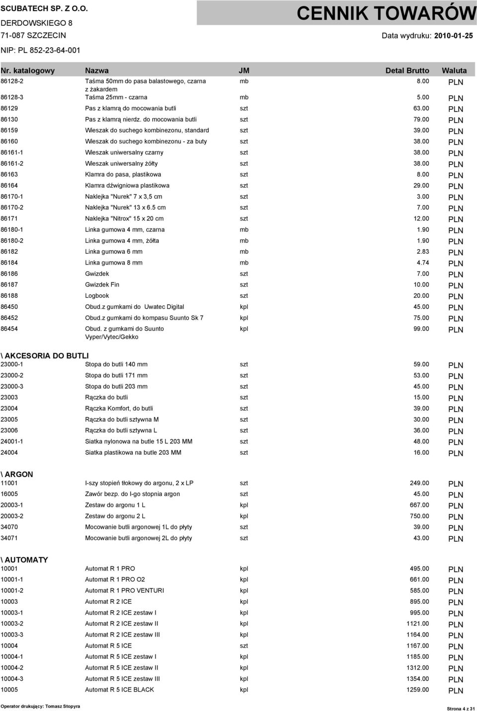 00 PLN 86161-2 Wieszak uniwersalny żółty szt 38.00 PLN 86163 Klamra do pasa, plastikowa szt 8.00 PLN 86164 Klamra dźwigniowa plastikowa szt 29.00 PLN 86170-1 Naklejka "Nurek" 7 x 3,5 cm szt 3.