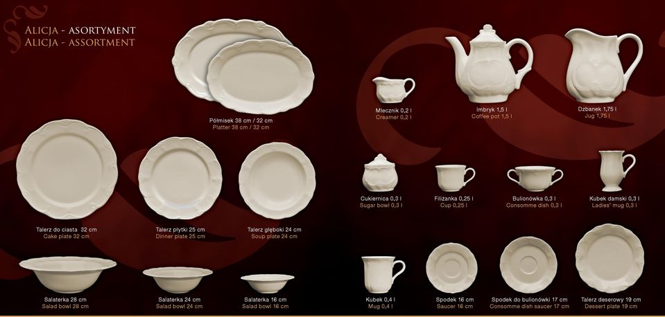 Cake plate 32 cm Talerz płytki 25 cm Dinner plate 25 cm Talerz głęboki 24 cm Soup plate 24 cm Salaterka 28 cm Salad bowl 28 cm Salaterka 24 cm Salad bowl 24 cm