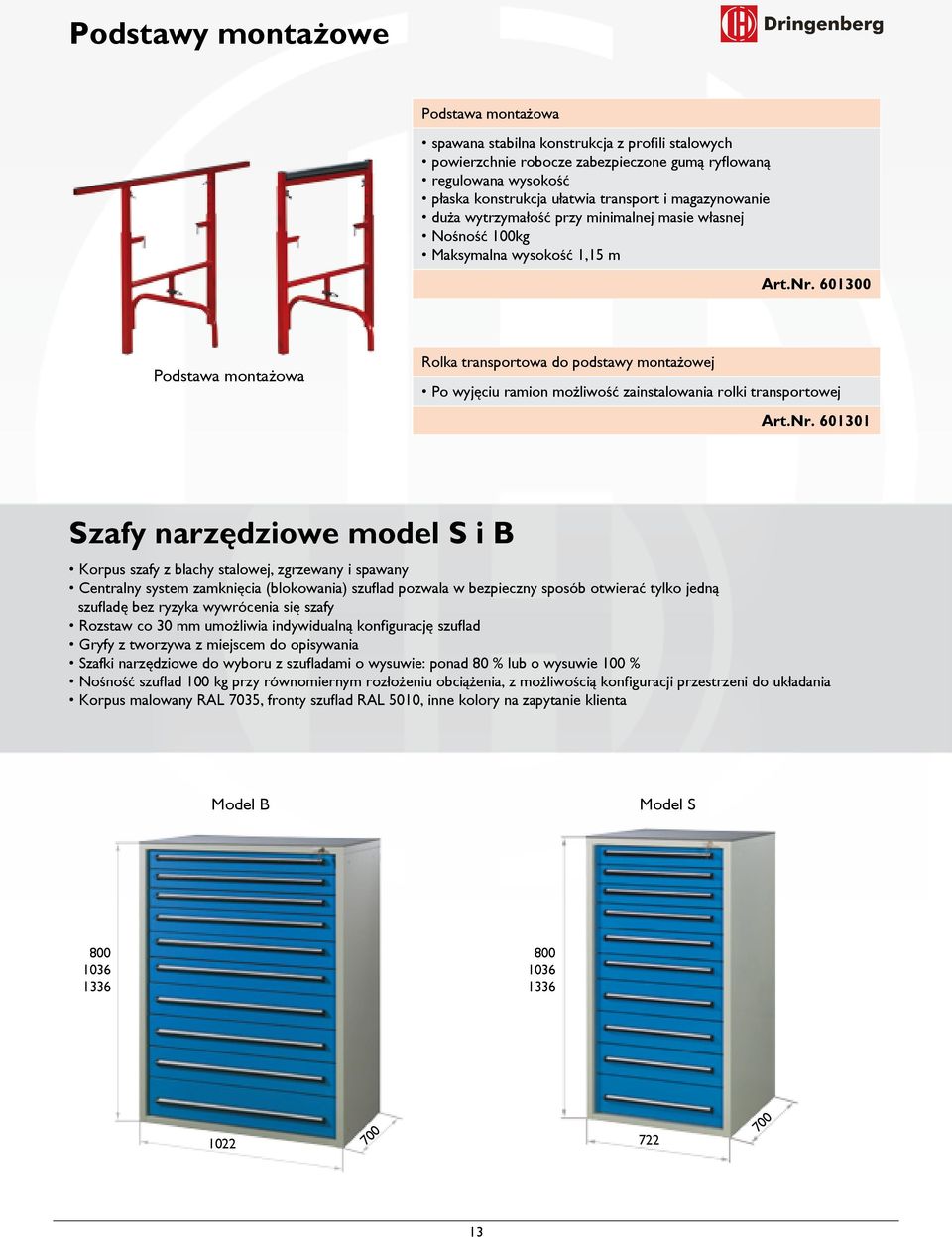 zainstalowania rolki transportowej 601301 Szafy narzędziowe model S i B Korpus szafy z blachy stalowej, zgrzewany i spawany Centralny system zamknięcia (blokowania) szuflad pozwala w bezpieczny