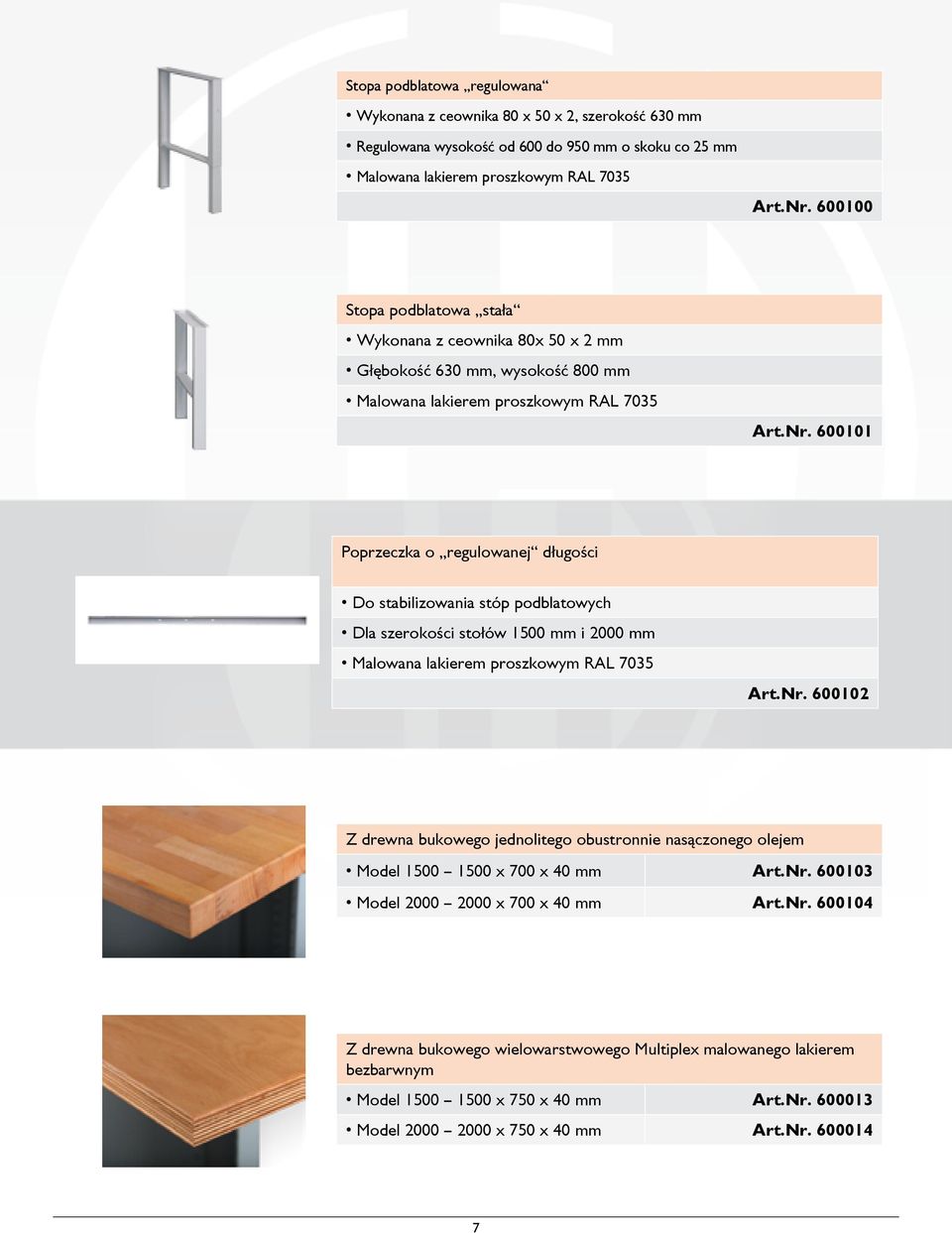 podblatowych Dla szerokości stołów 1500 mm i 2000 mm Malowana lakierem proszkowym RAL 7035 600102 Z drewna bukowego jednolitego obustronnie nasączonego olejem Model 1500 1500 x 700 x 40 mm