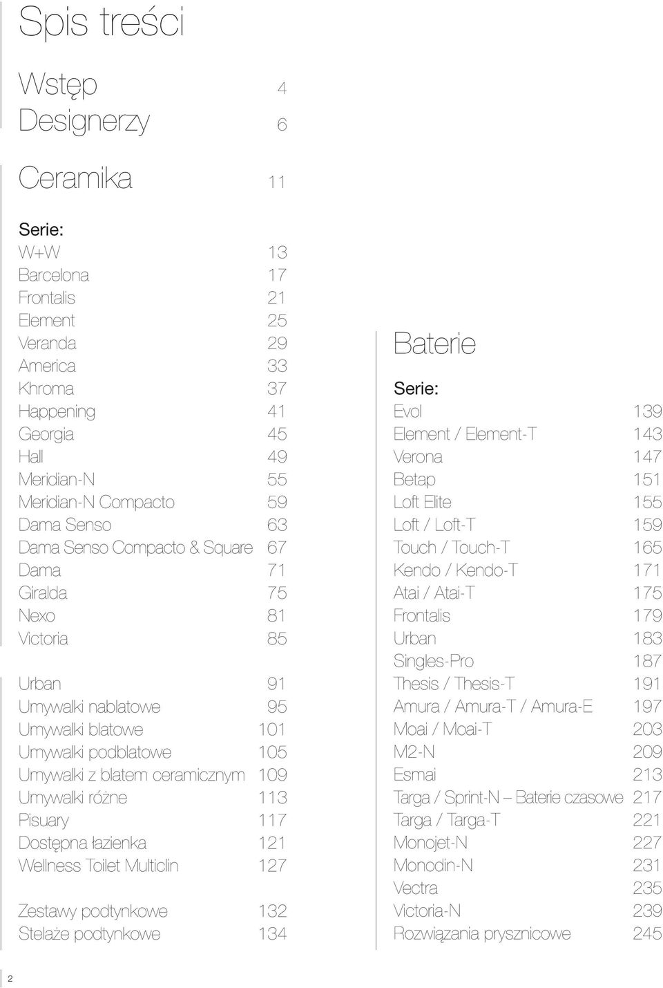 Umywalki różne 113 Pisuary 117 Dostępna łazienka 121 Wellness Toilet Multiclin 127 Zestawy podtynkowe 132 Stelaże podtynkowe 134 Baterie Serie: Evol 139 Element / Element-T 143 Verona 147 Betap 151