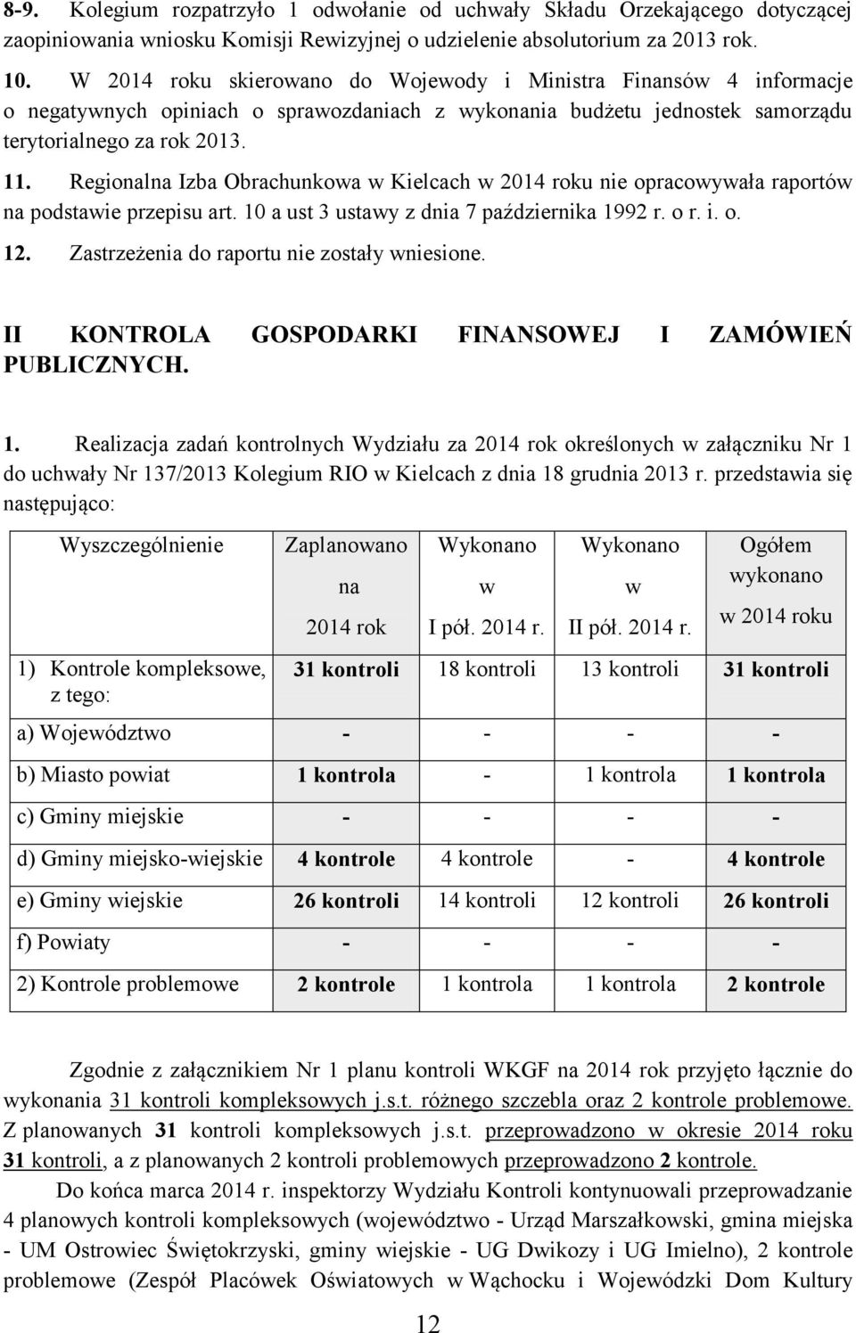 Regionalna Izba Obrachunkowa w Kielcach w 2014 roku nie opracowywała raportów na podstawie przepisu art. 10 a ust 3 ustawy z dnia 7 października 1992 r. o r. i. o. 12.