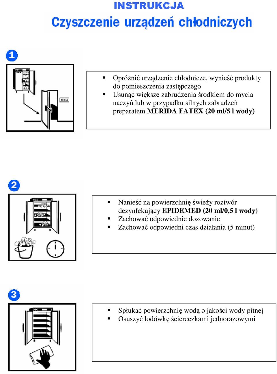 powierzchnię świeży roztwór dezynfekujący EPIDEMED (20 ml/0,5 l wody) Zachować odpowiednie dozowanie Zachować