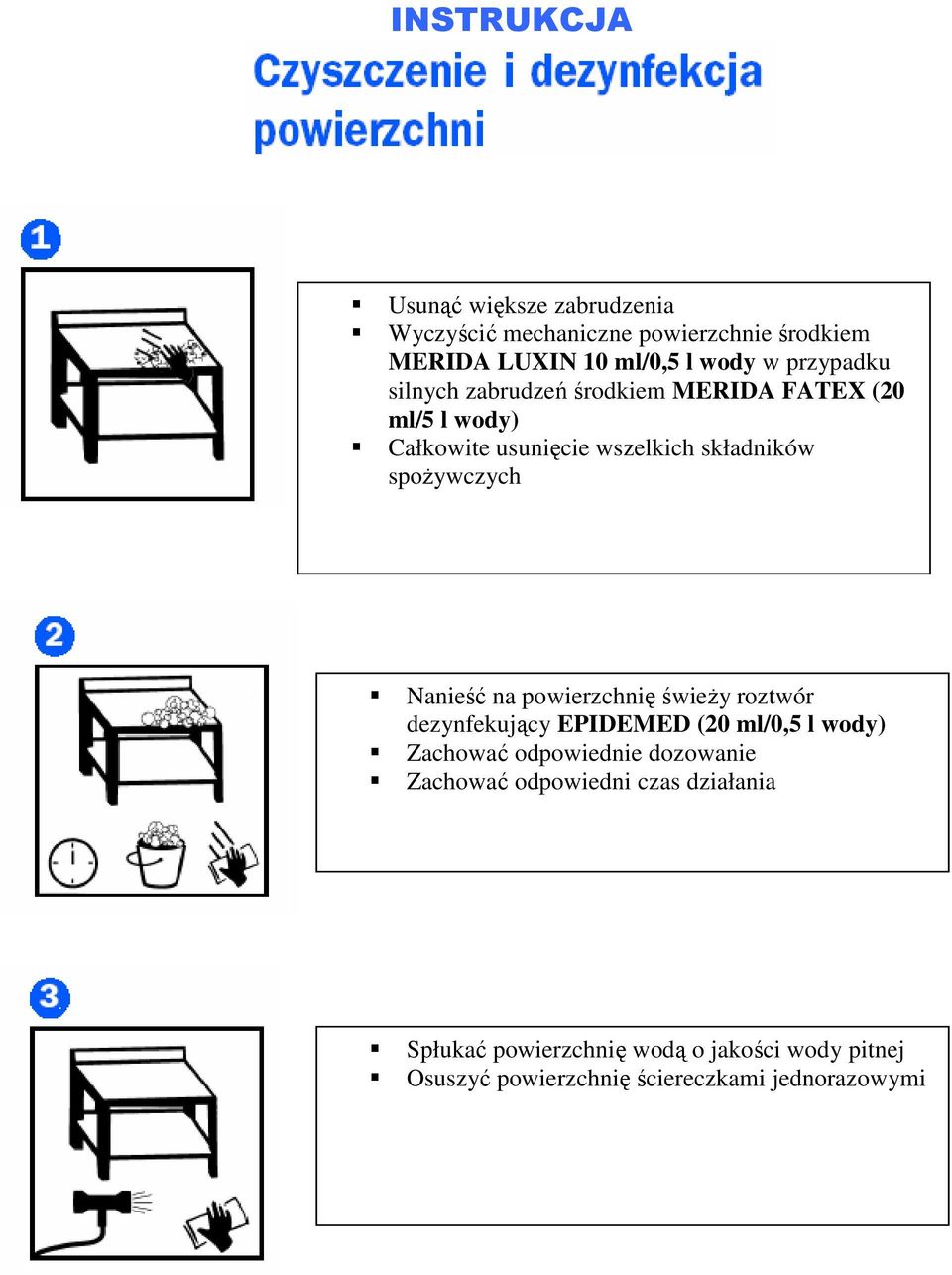 Nanieść na powierzchnię świeży roztwór dezynfekujący EPIDEMED (20 ml/0,5 l wody) Zachować odpowiednie dozowanie