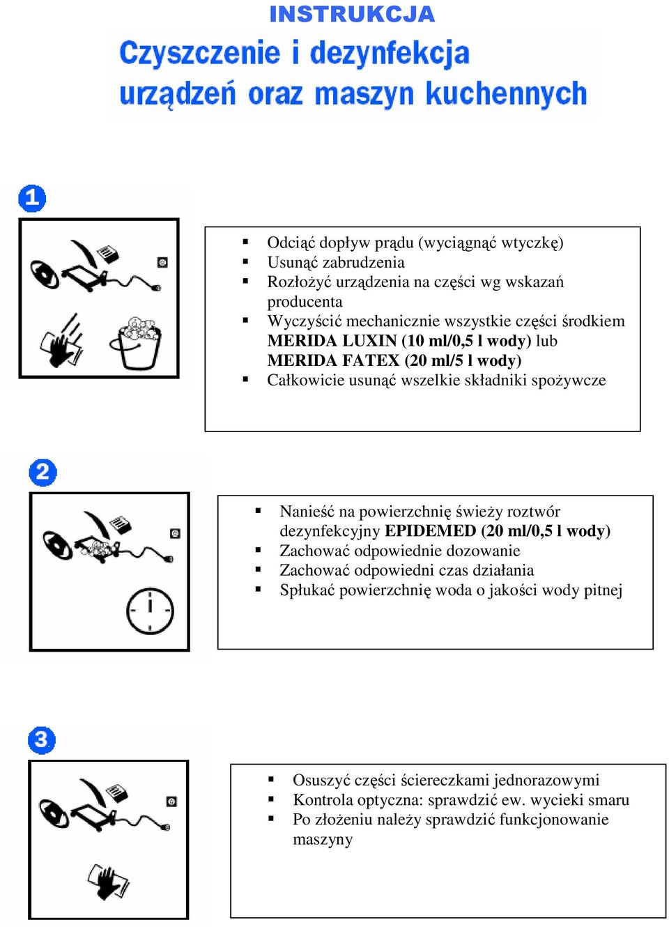 świeży roztwór dezynfekcyjny EPIDEMED (20 ml/0,5 l wody) Zachować odpowiednie dozowanie Zachować odpowiedni czas działania Spłukać powierzchnię woda o