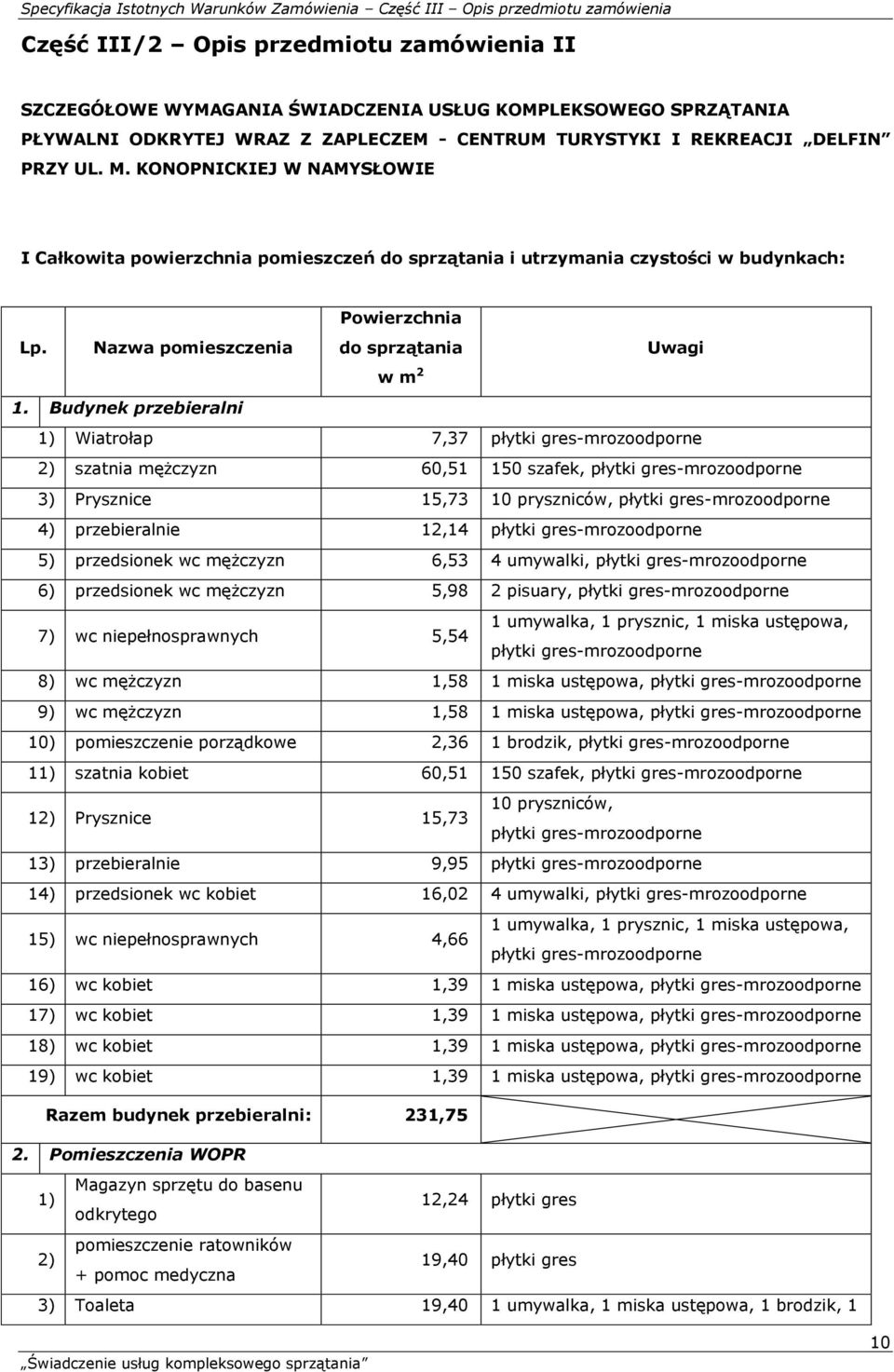 Budynek przebieralni 1) Wiatrołap 7,37 płytki gres-mrozoodporne 2) szatnia mężczyzn 60,51 150 szafek, płytki gres-mrozoodporne 3) Prysznice 15,73 10 pryszniców, płytki gres-mrozoodporne 4)