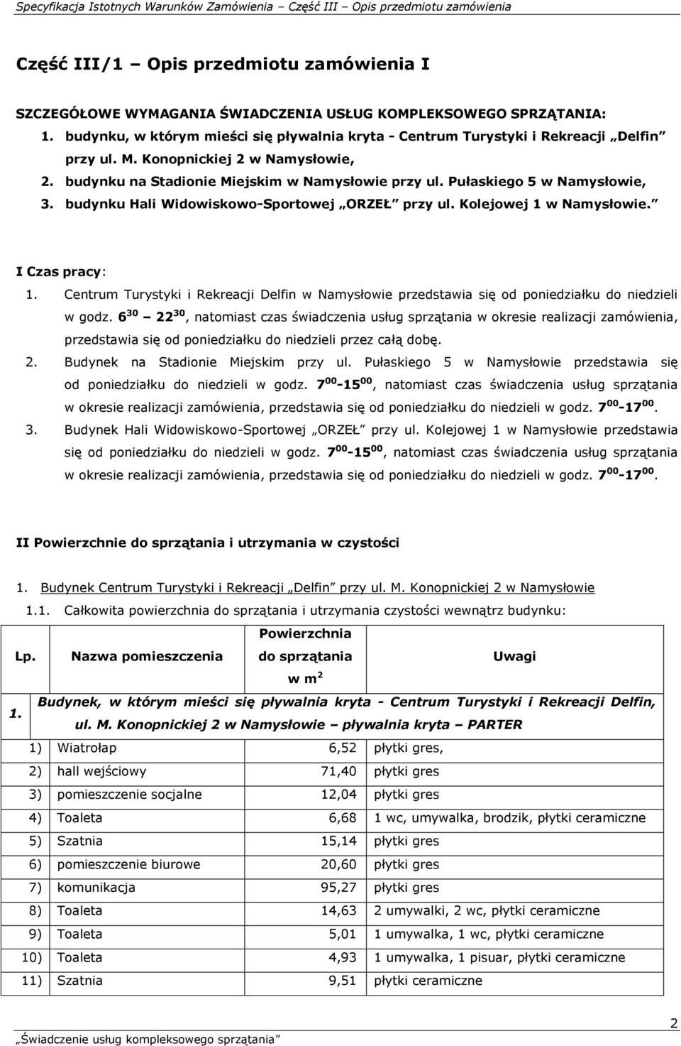 Pułaskiego 5 w Namysłowie, 3. budynku Hali Widowiskowo-Sportowej ORZEŁ przy ul. Kolejowej 1 w Namysłowie. I Czas pracy: 1.
