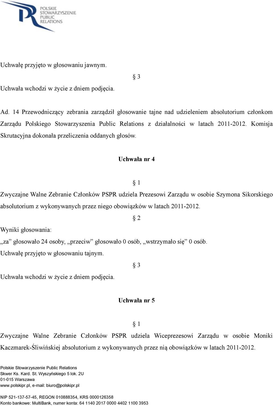 Uchwała nr 4 Zwyczajne Walne Zebranie Członków PSPR udziela Prezesowi Zarządu w osobie Szymona Sikorskiego absolutorium z wykonywanych przez niego obowiązków w