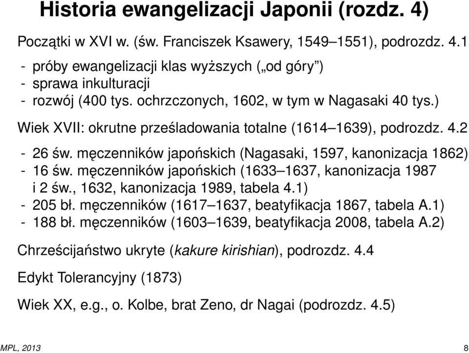 męczenników japońskich (1633 1637, kanonizacja 1987 i 2 św., 1632, kanonizacja 1989, tabela 4.1) - 205 bł. męczenników (1617 1637, beatyfikacja 1867, tabela A.1) - 188 bł.