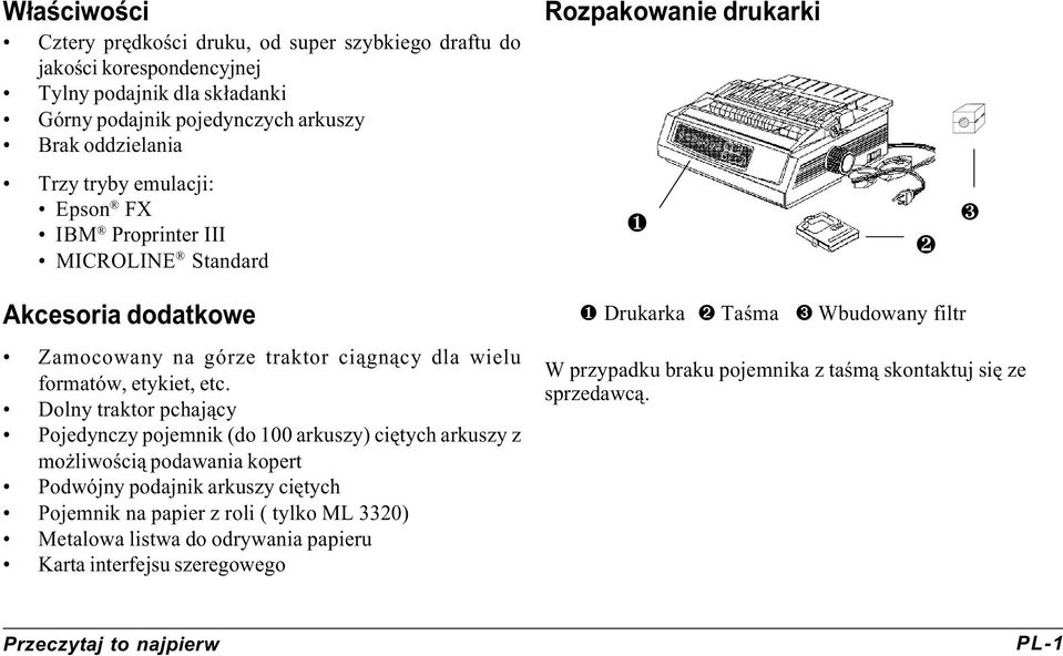 etc. Dolny traktor pchaj¹cy Pojedynczy pojemnik (do 100 arkuszy) ciêtych arkuszy z mo liwoœci¹ podawania kopert Podwójny podajnik arkuszy ciêtych Pojemnik na papier z roli ( tylko ML