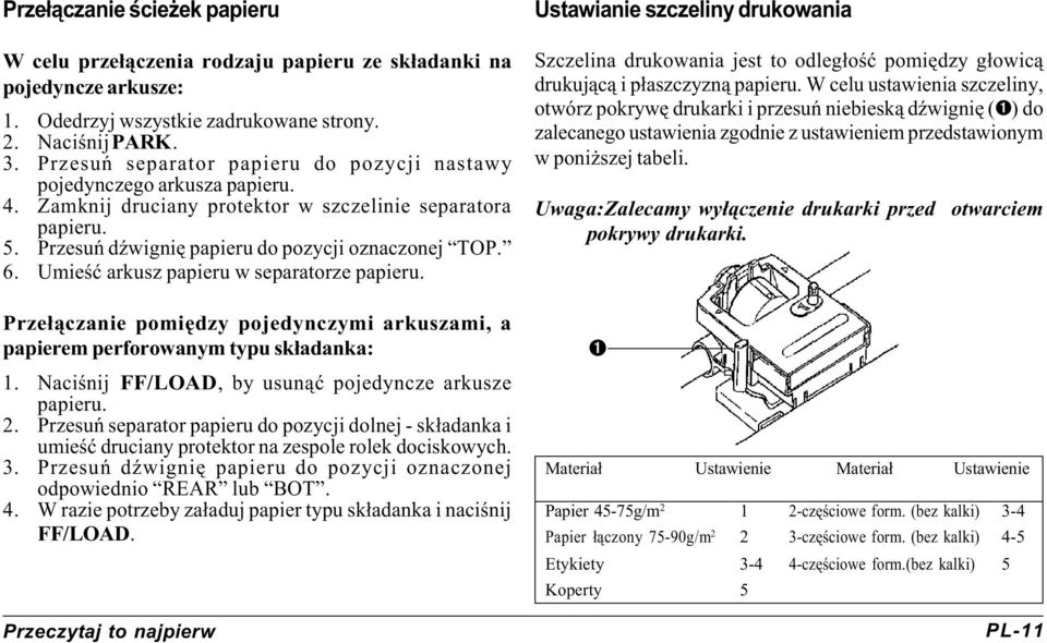 Umieœæ arkusz papieru w separatorze papieru. Prze³¹czanie pomiêdzy pojedynczymi arkuszami, a papierem perforowanym typu sk³adanka: 1. Naciœnij FF/LOAD, by usun¹æ pojedyncze arkusze papieru. 2.