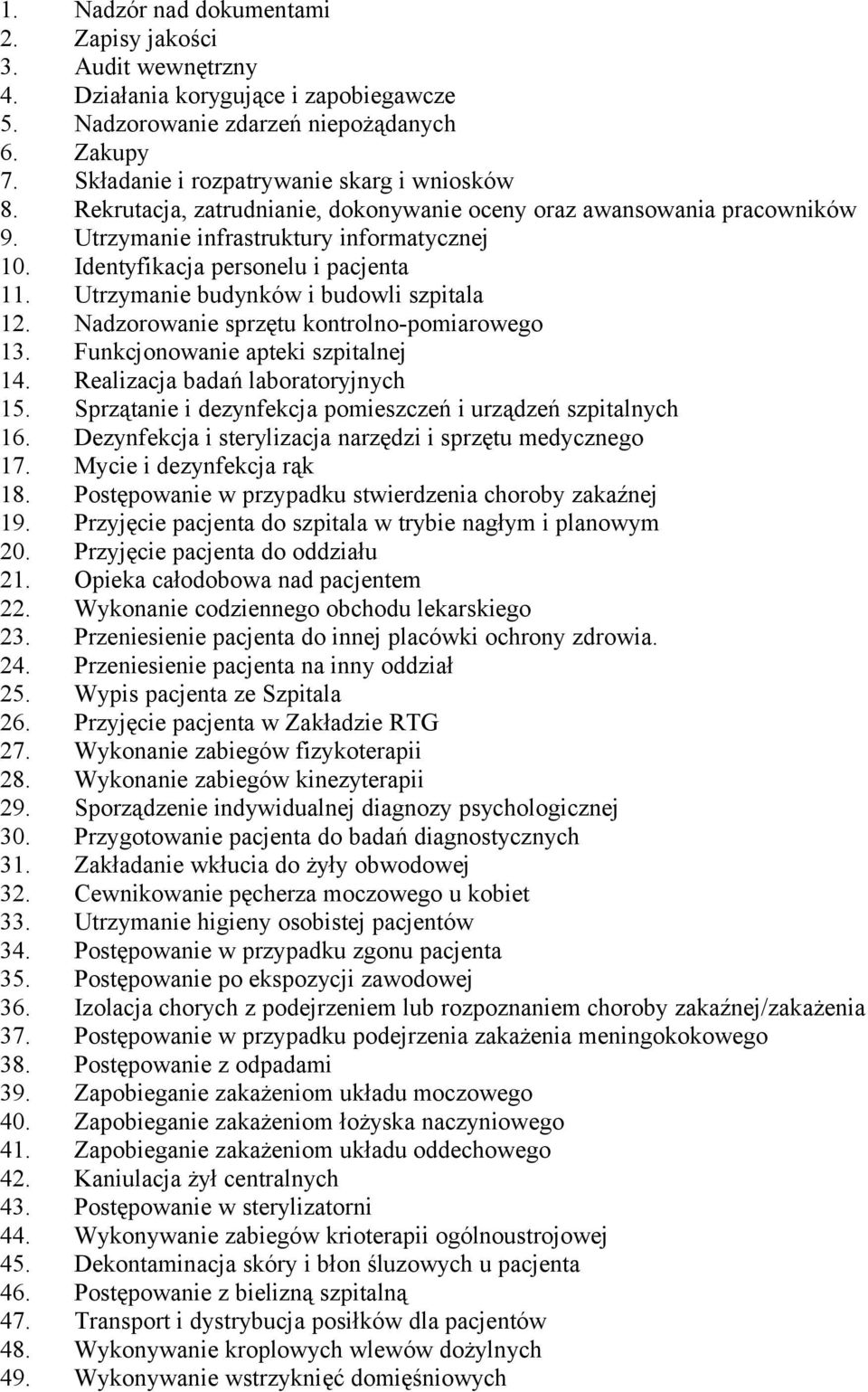 Utrzymanie budynków i budowli szpitala 12. Nadzorowanie sprzętu kontrolno-pomiarowego 13. Funkcjonowanie apteki szpitalnej 14. Realizacja badań laboratoryjnych 15.