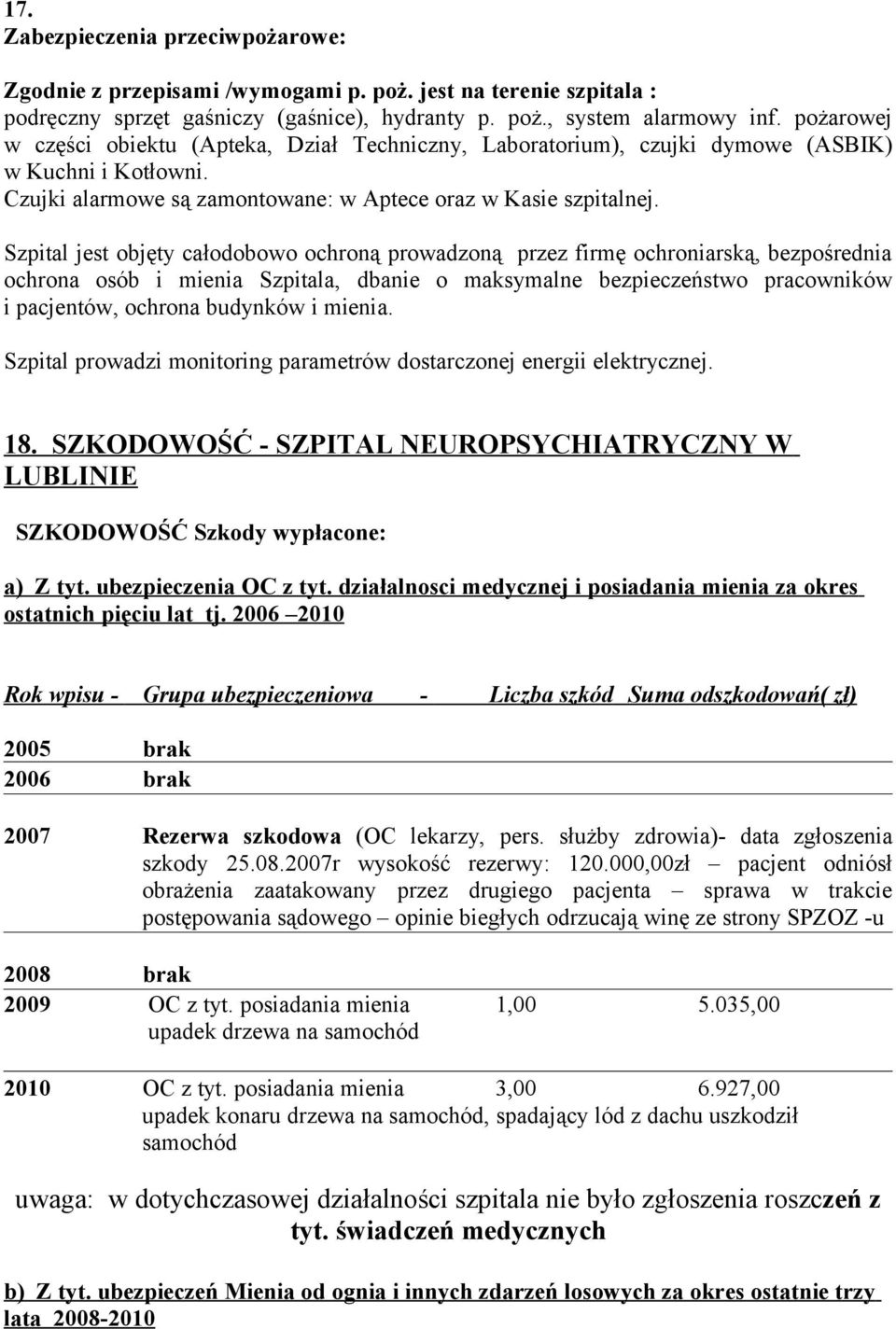 Szpital jest objęty całodobowo ochroną prowadzoną przez firmę ochroniarską, bezpośrednia ochrona osób i mienia Szpitala, dbanie o maksymalne bezpieczeństwo pracowników i pacjentów, ochrona budynków i