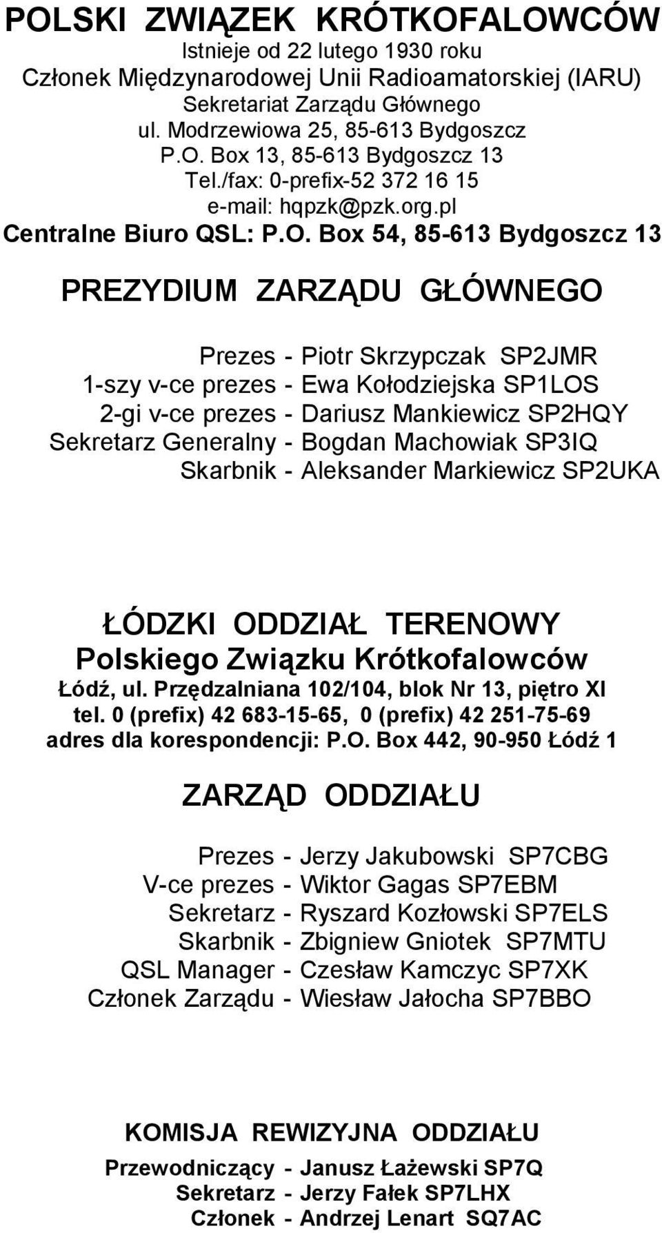 Box 54, 85613 Bydgoszcz 13 PREZYDIUM ZARZĄDU GŁÓWNEGO Prezes 1szy vce prezes 2gi vce prezes Sekretarz Generalny Skarbnik Piotr Skrzypczak SP2JMR Ewa Kołodziejska SP1LOS Dariusz Mankiewicz SP2HQY