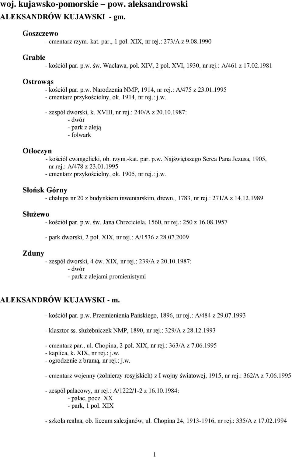 XVIII, nr rej.: 240/A z 20.10.1987: z aleją - folwark Otłoczyn - kościół ewangelicki, ob. rzym.-kat. par. p.w. Najświętszego Serca Pana Jezusa, 1905, nr rej.: A/478 z 23.01.