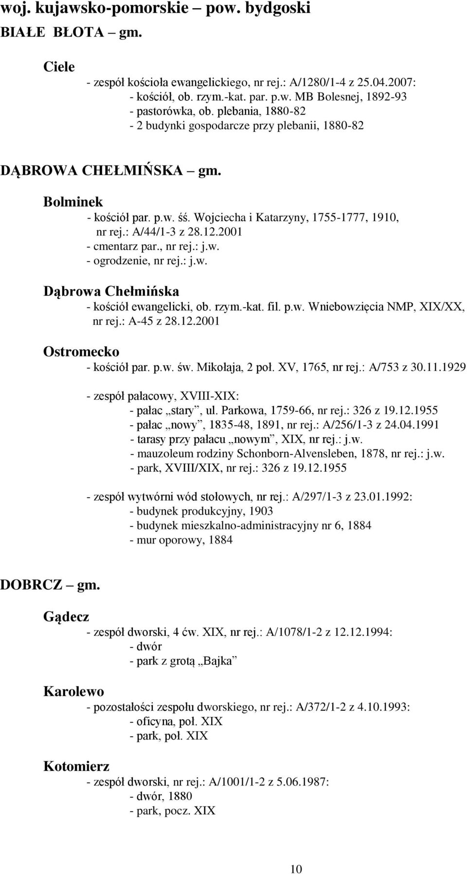 2001 - cmentarz par., nr rej.: j.w. - ogrodzenie, nr rej.: j.w. Dąbrowa Chełmińska - kościół ewangelicki, ob. rzym.-kat. fil. p.w. Wniebowzięcia NMP, XIX/XX, nr rej.: A-45 z 28.12.