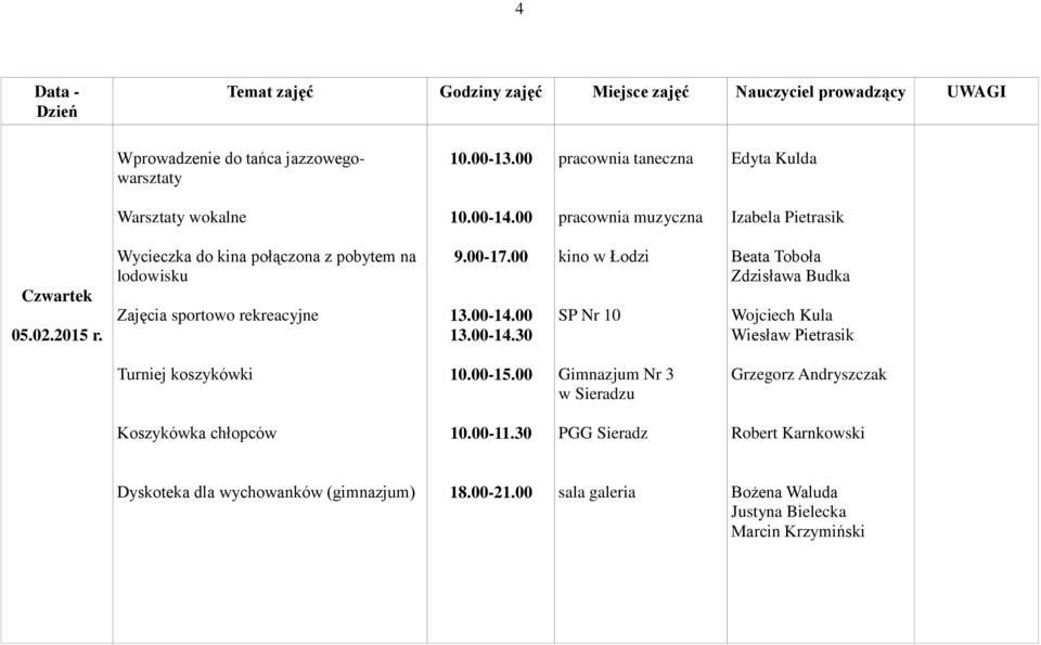 00 13.00-14.30 kino w Łodzi SP Nr 10 Wojciech Kula Wiesław Pietrasik Turniej koszykówki 10.00-15.