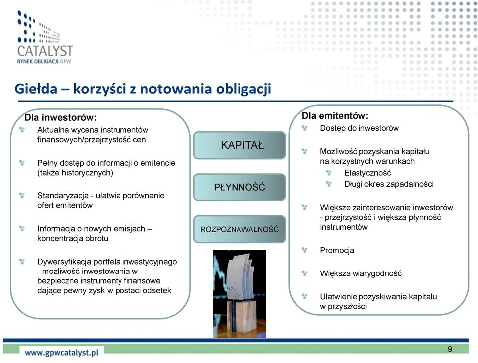 instrumenty finansowe dające pewny zysk w postaci odsetek KAPITAŁ KAPITAŁ PŁYNNOŚĆ ROZPOZNAWALNOŚĆ Dla emitentów: Dostęp do inwestorów Możliwość pozyskania kapitału na korzystnych