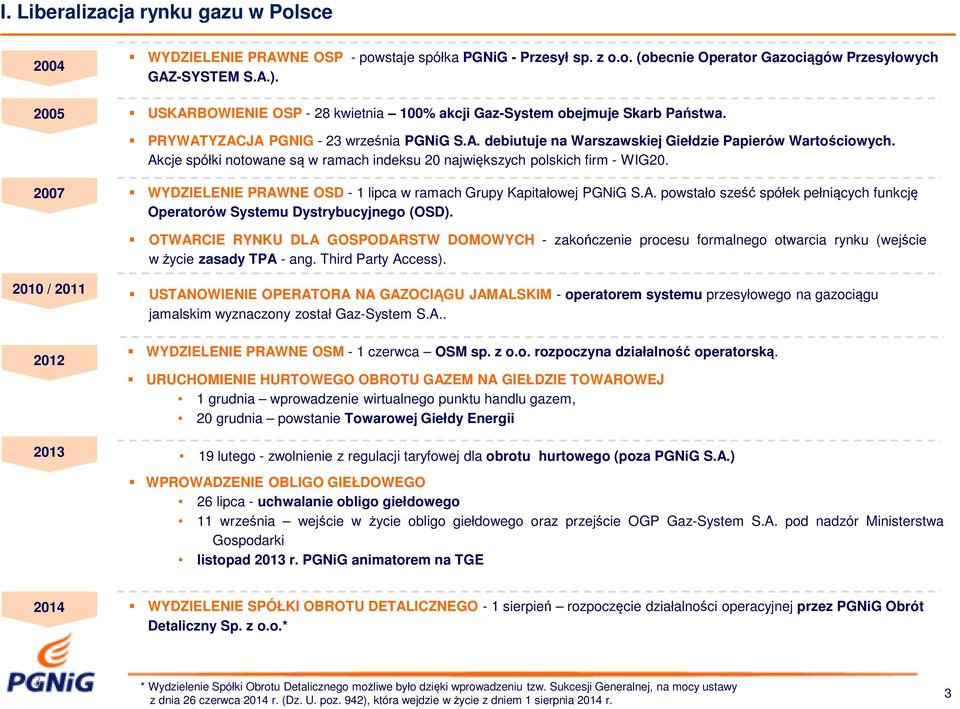 Akcje spółki notowane są w ramach indeksu 20 największych polskich firm - WIG20. 2007 WYDZIELENIE PRAWNE OSD - 1 lipca w ramach Grupy Kapitałowej PGNiG S.A. powstało sześć spółek pełniących funkcję Operatorów Systemu Dystrybucyjnego (OSD).