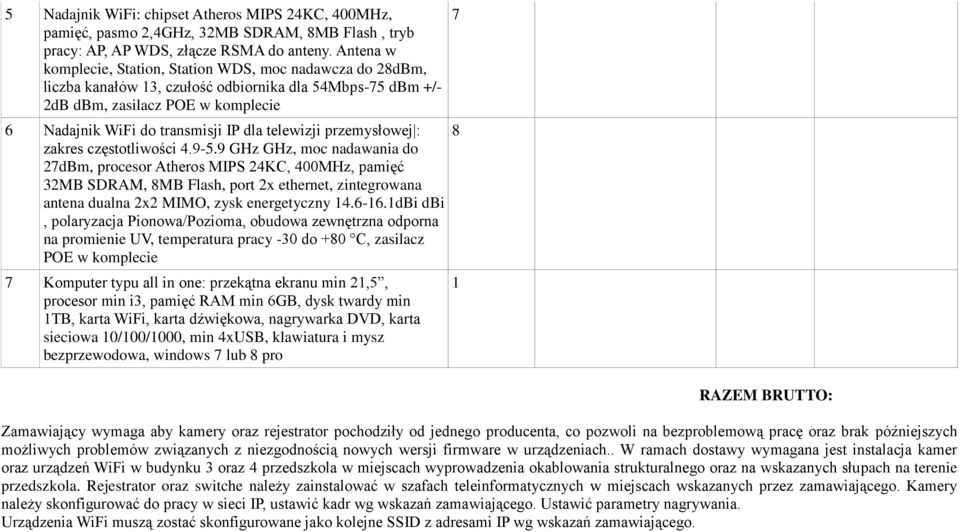 telewizji przemysłowej : zakres częstotliwości 4.9-5.