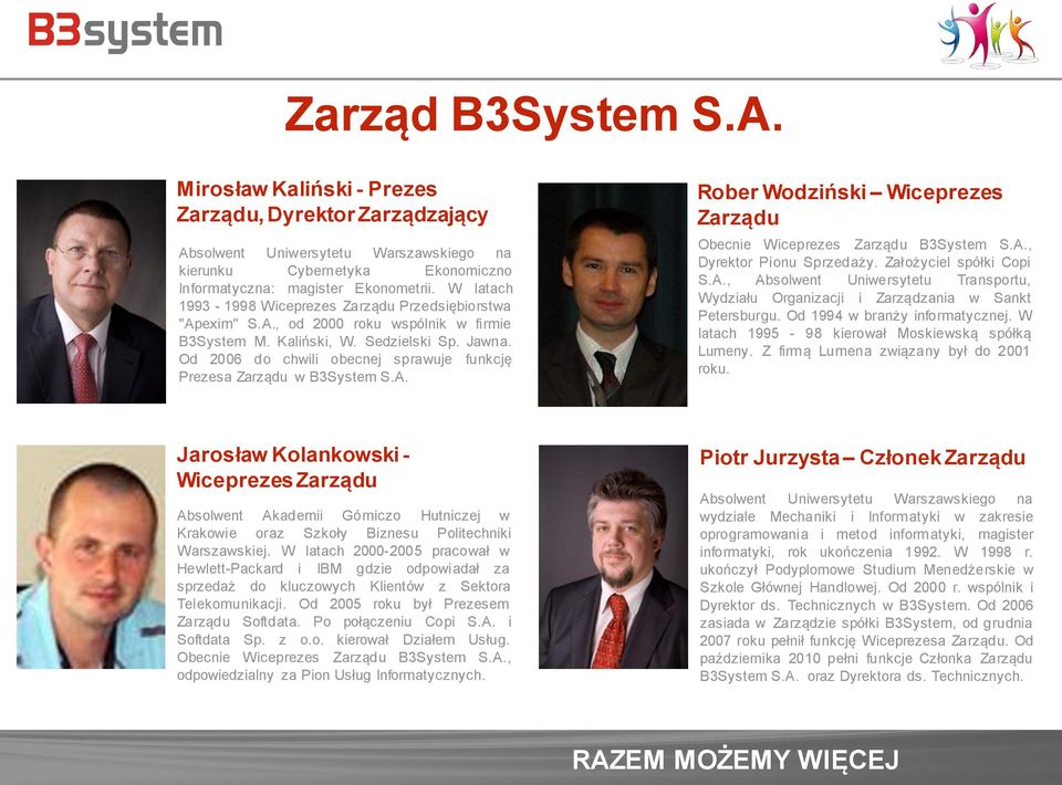 Od 2006 do chwili obecnej sprawuje funkcję Prezesa Zarządu w B3System S.A. Rober Wodziński Wiceprezes Zarządu Obecnie Wiceprezes Zarządu B3System S.A., Dyrektor Pionu Sprzedaży.
