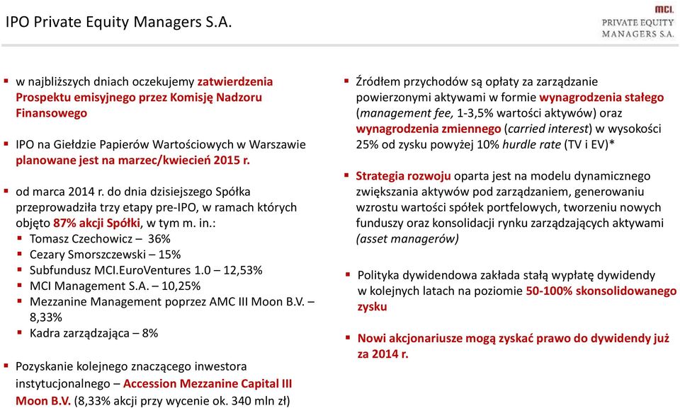 od marca 2014 r. do dnia dzisiejszego Spółka przeprowadziła trzy etapy pre-ipo, w ramach których objęto 87% akcji Spółki, w tym m. in.: Tomasz Czechowicz 36% Cezary Smorszczewski 15% Subfundusz MCI.