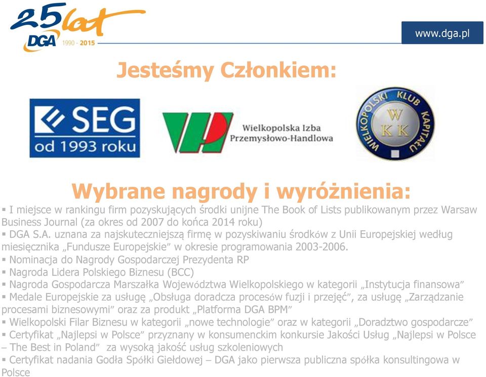 Nominacja do Nagrody Gospodarczej Prezydenta RP Nagroda Lidera Polskiego Biznesu (BCC) Nagroda Gospodarcza Marszałka Województwa Wielkopolskiego w kategorii Instytucja finansowa Medale Europejskie za