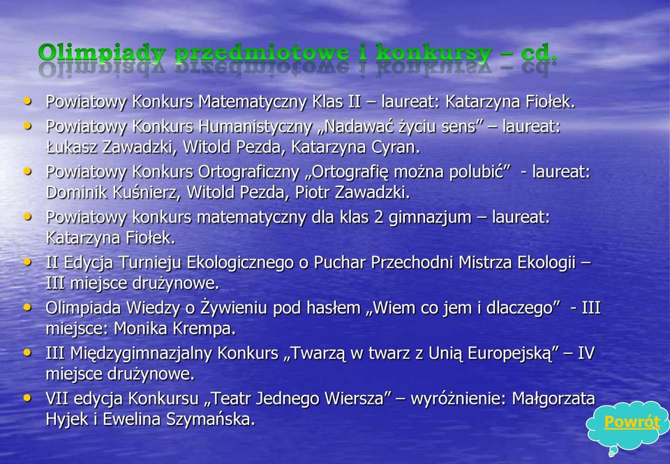 Powiatowy konkurs matematyczny dla klas 2 gimnazjum laureat: Katarzyna Fiołek. II Edycja Turnieju Ekologicznego o Puchar Przechodni Mistrza Ekologii III miejsce drużynowe.