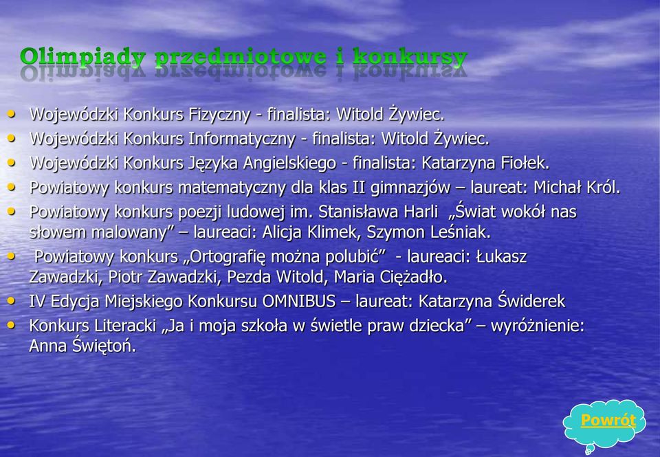 Powiatowy konkurs poezji ludowej im. Stanisława Harli Świat wokół nas słowem malowany laureaci: Alicja Klimek, Szymon Leśniak.