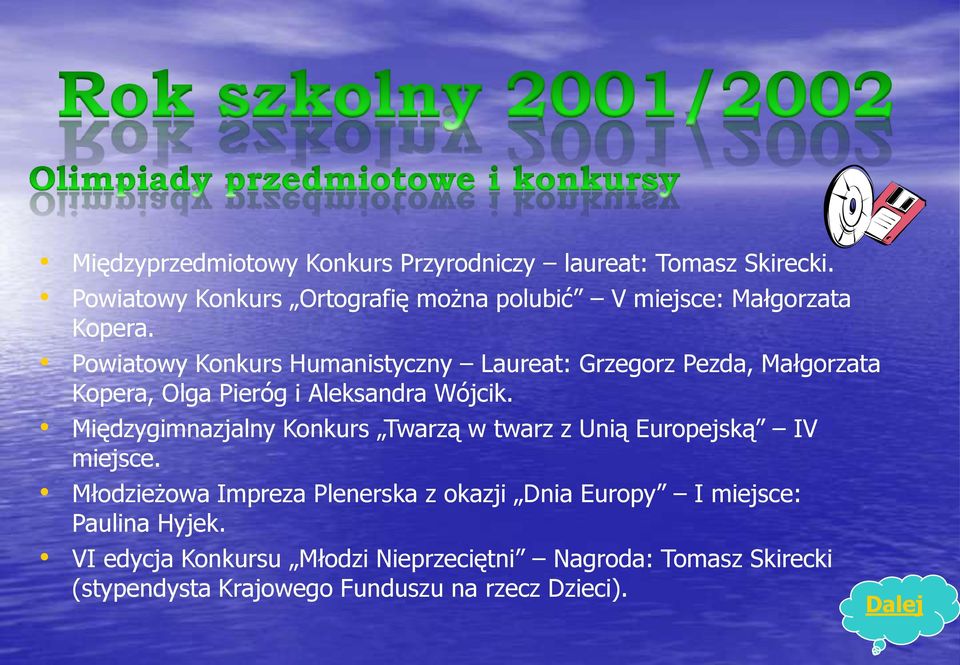 Powiatowy Konkurs Humanistyczny Laureat: Grzegorz Pezda, Małgorzata Kopera, Olga Pieróg i Aleksandra Wójcik.