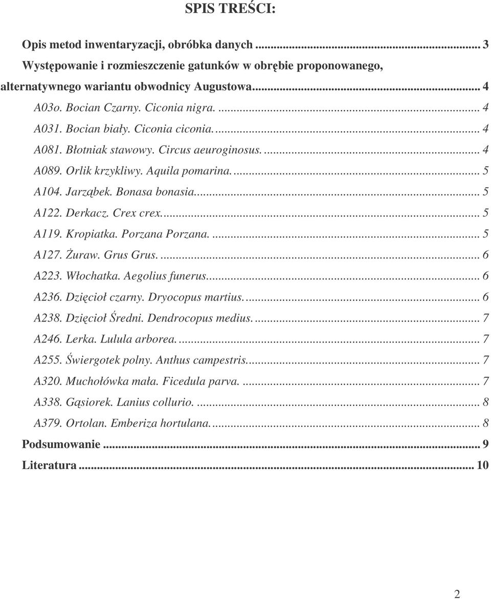 Derkacz. Crex crex... 5 A119. Kropiatka. Porzana Porzana.... 5 A127. uraw. Grus Grus.... 6 A223. Włochatka. Aegolius funerus... 6 A236. Dzicioł czarny. Dryocopus martius... 6 A238. Dzicioł redni.