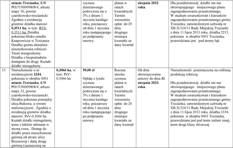 13 Nieruchomość o nr ewidencyjnym 2334, położona w obrębie 0001 miasto Trzcianka, KW mapy 32, powiat Działka położona pomiędzy ulicą Bukową a rowem melioracyjnym.