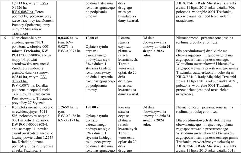 mapy 14, powiat 0,0346 ha, w RV- 0,0273 ha, PsV-0,0073 ha. Działka położona nieopodal rzeki Trzcinicy, za Starostwem Powiatowym w Trzciance, przy ulicy 27 Stycznia.