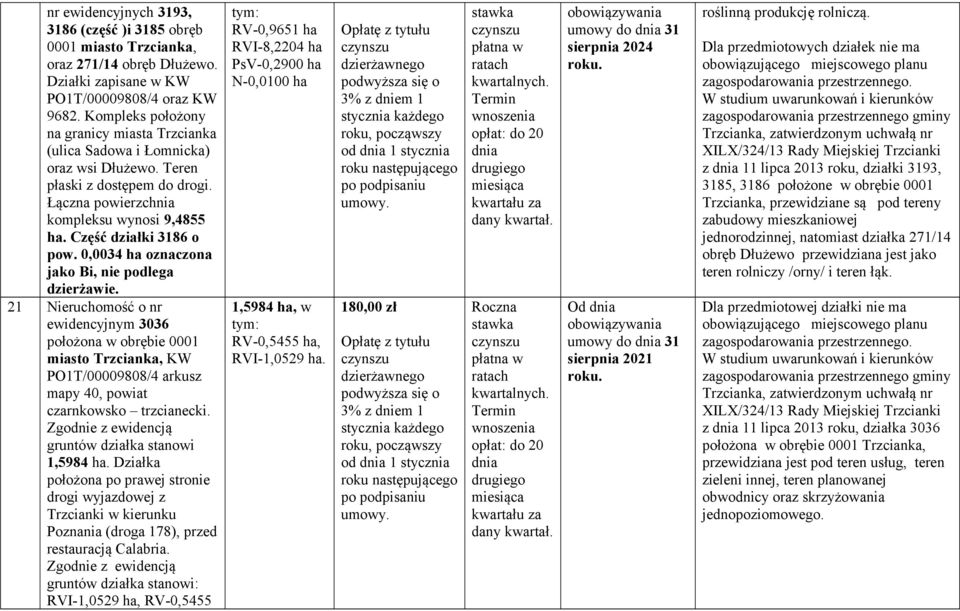 0,0034 ha oznaczona jako Bi, nie podlega dzierżawie. 21 Nieruchomość o nr ewidencyjnym 3036 położona w obrębie 0001 miasto Trzcianka, KW PO1T/00009808/4 arkusz mapy 40, powiat czarnkowsko trzcianecki.