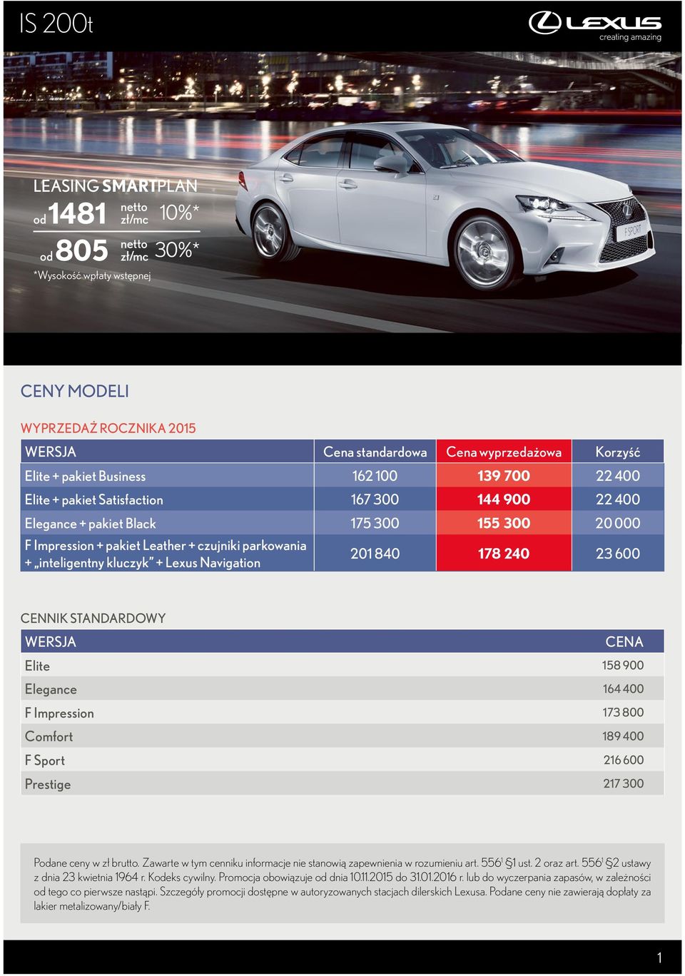 kluczyk + Lexus Navigation 201 840 178 240 23 600 CENNIK STANDARDOWY WERSJA CENA Elite 158 900 Elegance 164 400 F Impression 173 800 Comfort 189 400 F Sport 216 600 Prestige 217 300 Podane ceny w zł