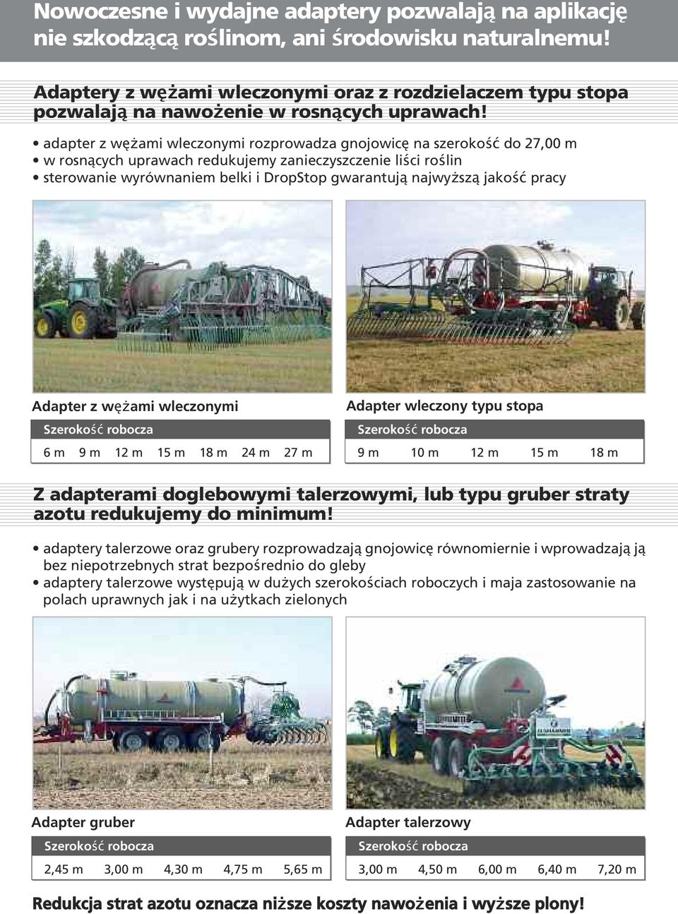 adapter z wężami wleczonymi rozprowadza gnojowicę na szerokość do 27,00 m w rosnących uprawach redukujemy zanieczyszczenie liści roślin sterowanie wyrównaniem belki i DropStop gwarantują najwyższą