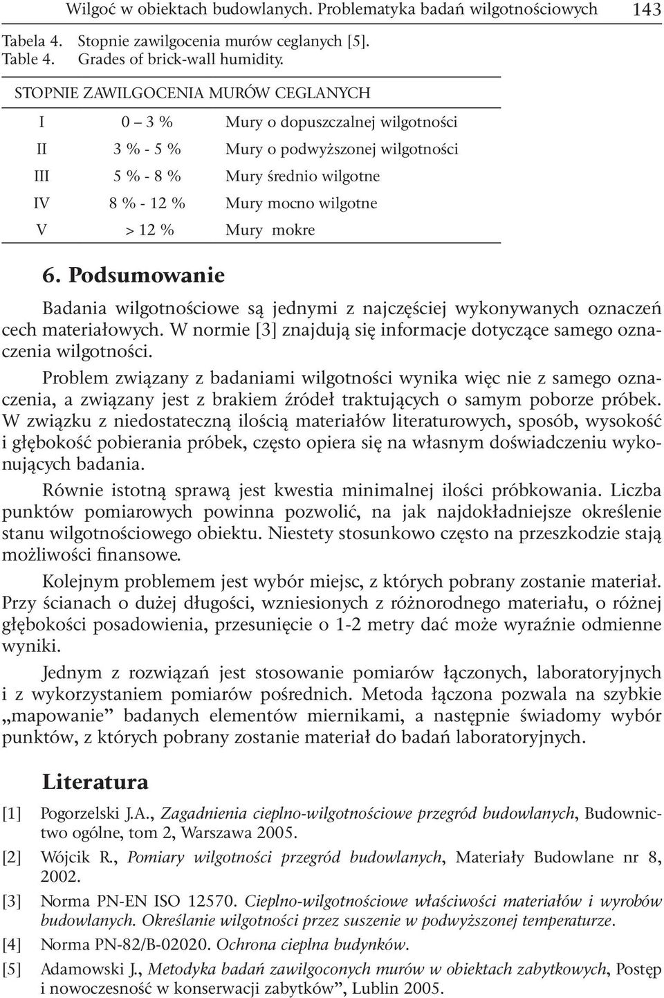 % Mury mokre 6. Podsumowanie Badania wilgotnościowe są jednymi z najczęściej wykonywanych oznaczeń cech materiałowych. W normie [3] znajdują się informacje dotyczące samego oznaczenia wilgotności.